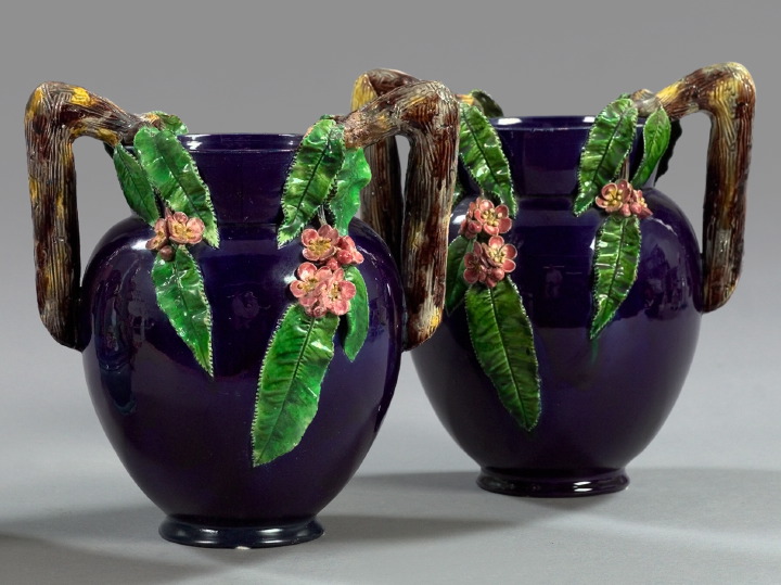 Appraisal: Attractive Pair of French Barbotine-Glazed Art Pottery Two-Handled Garniture Vases