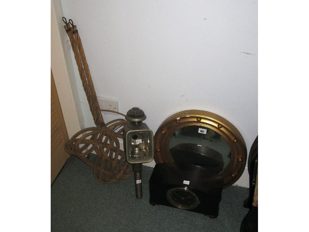 Appraisal: Lot comprising two carpet beaters carriage lamp mantle clock and