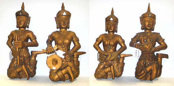 Appraisal: Four Thai carved gilt wood figures of musicians Each fashioned