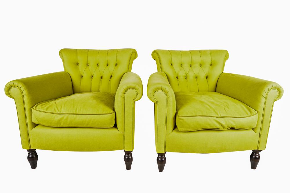 Appraisal: PAIR OF GEORGE SMITH CHARTREUSE UPHOLSTERED CLUB CHAIRSwith tufted backs