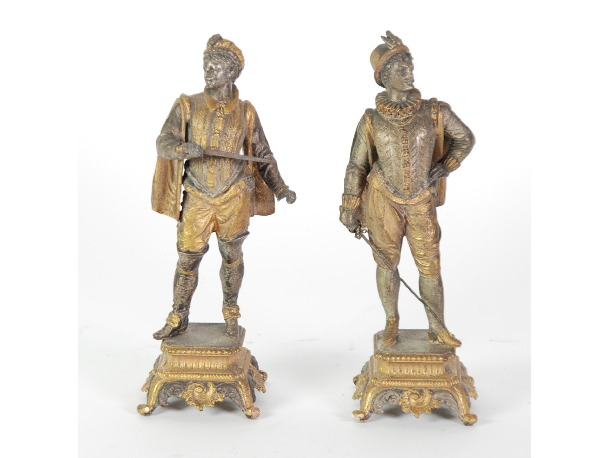 Appraisal: PAIR OF WHITE METAL AND GILT SPELTER FIGURES OF ELIZABETHAN