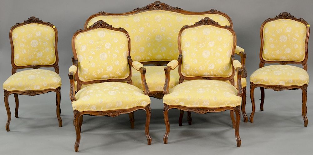 Appraisal: Five piece walnut Louis XV style salon suite with loveseat