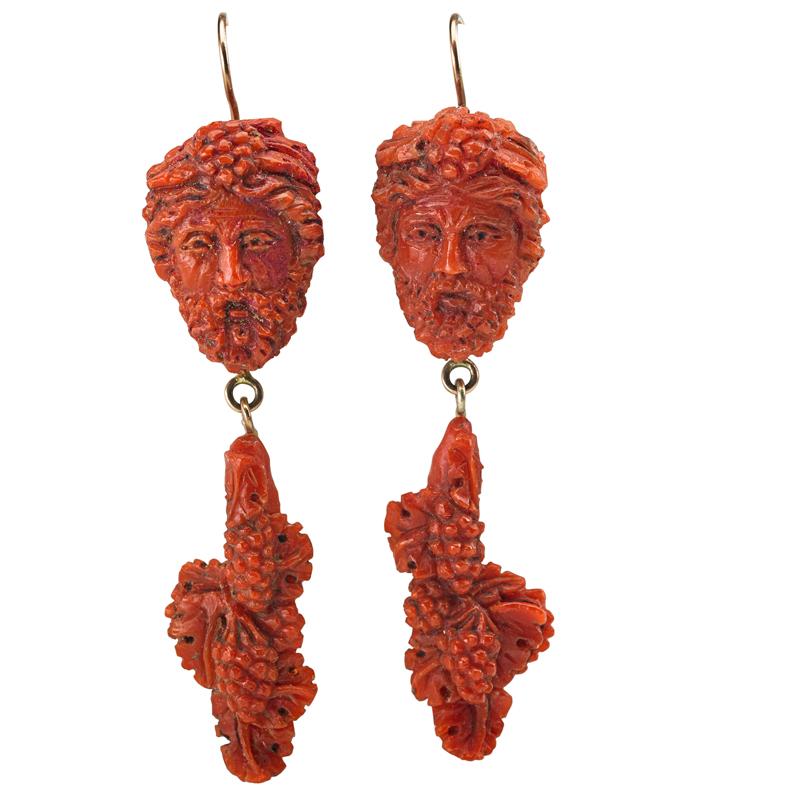 Appraisal: VICTORIAN CARVED CORAL BACCHUS DROP EARRINGS Condition Report