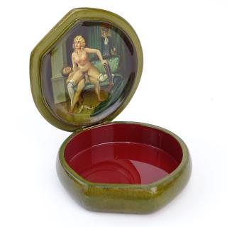 Appraisal: Russian Erotica Lacquered Box Russian Erotica Lacquered Box Shell motif