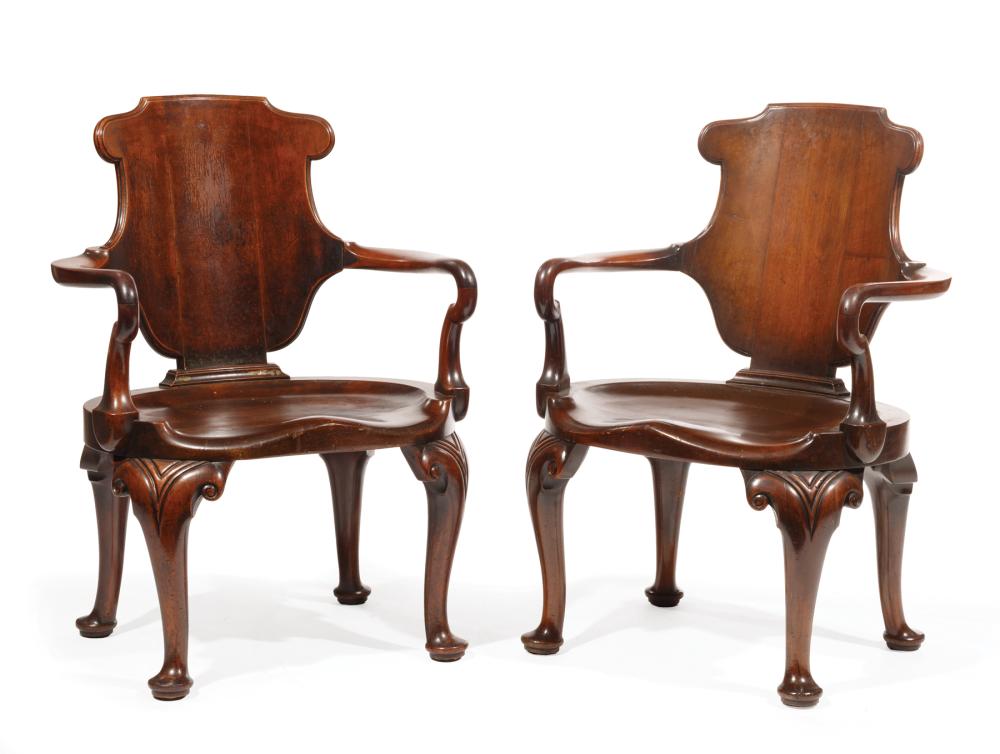 Appraisal: Pair of Large Antique Queen Anne Style Mahogany Armchairs th