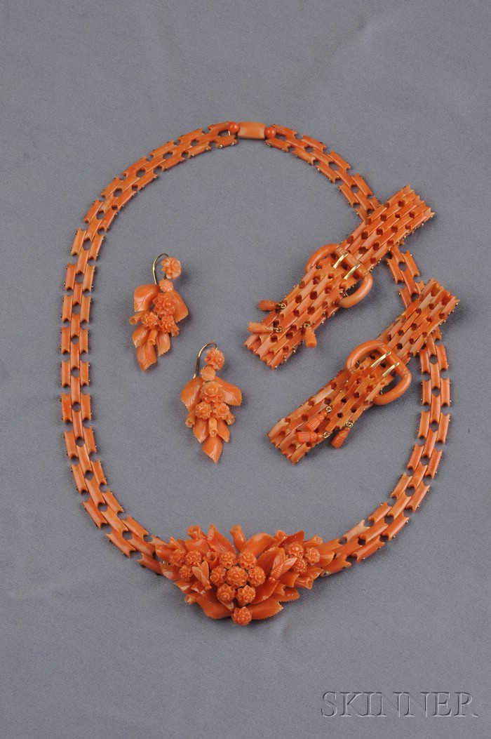 Appraisal: Antique Coral Suite comprising a necklace and earpendants with floral