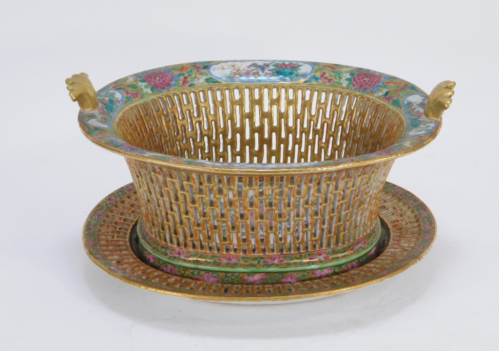 Appraisal: CHINESE EXPORT FAMILLE ROSE RETICULATED BASKET China th centuryPierced body