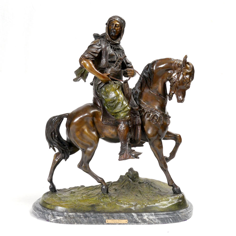 Appraisal: LARGE ARABIAN SOLDIER ON HORSEBACK BRONZE AFTER BARYE Depicts a