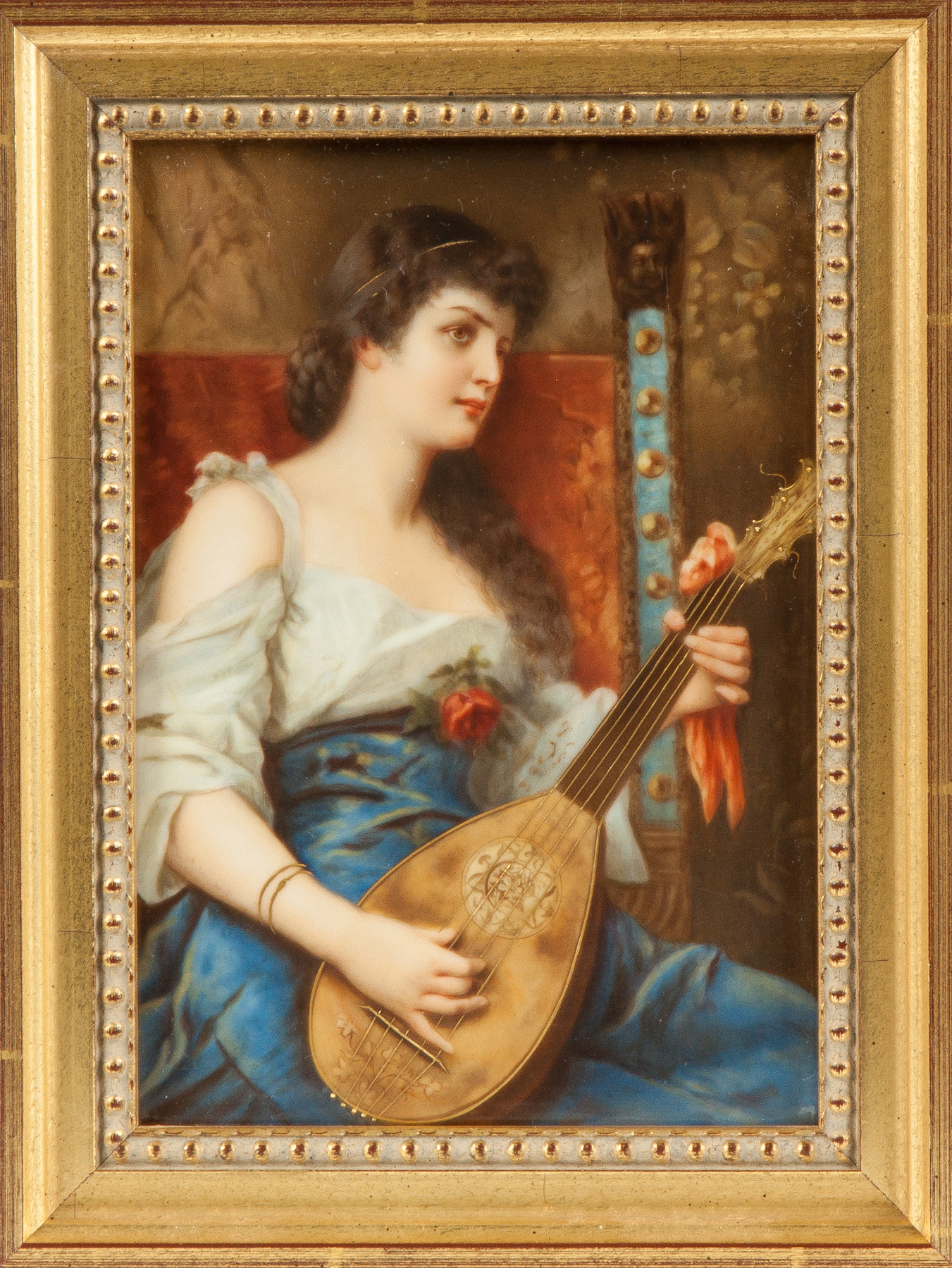 Appraisal: German Painting on Porcelain of Young Lady with Mandolin th