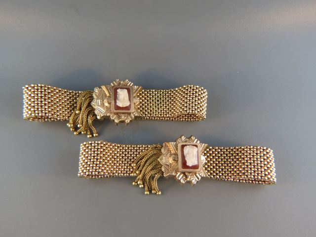 Appraisal: Pair of Victorian Cameo Wedding Bracelets gold-filled mesh and tassels