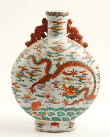 Appraisal: A Large Qing Moon Flask Vase with applied handles dragon