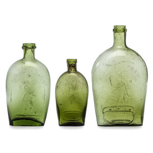 Appraisal: Three Molded Glass Olive Green Pike's Peak Flasks American Circa