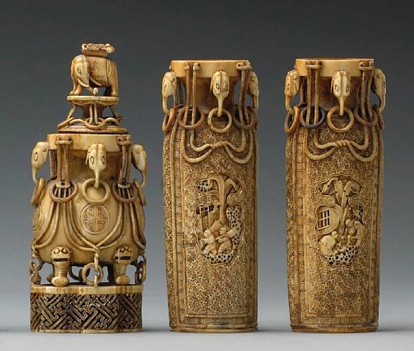 Appraisal: A group of three tinted ivory vases Republic Period The