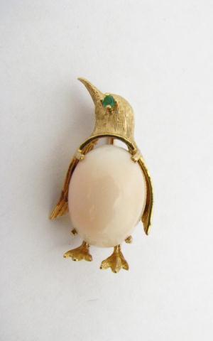 Appraisal: K Yellow Gold Pink Coral Penguin Pin with Emerald Accent