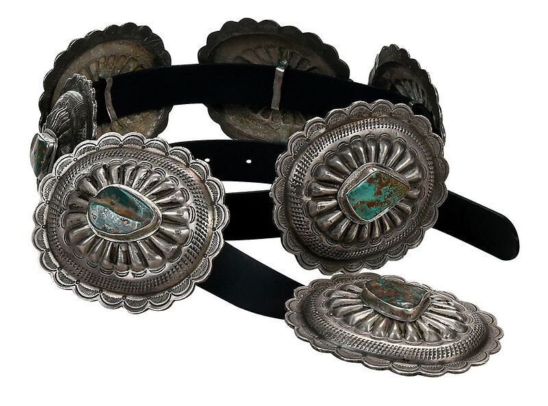 Appraisal: Silver Turquoise and Leather Concho Belt seven large cast plaques