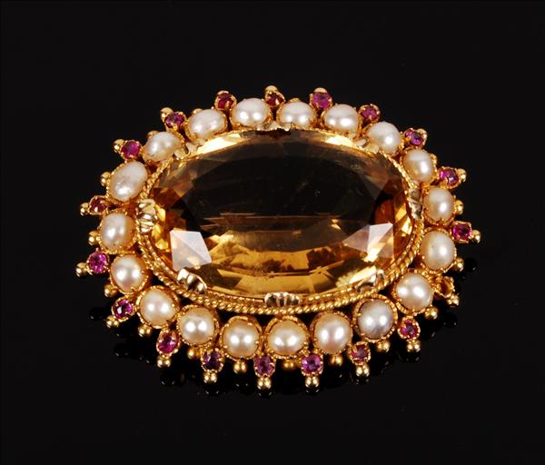 Appraisal: A citrine ruby and half pearl brooch s centring on