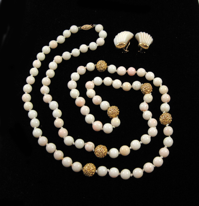 Appraisal: THREE ARTICLES OF CORAL JEWELRY including a pair of white