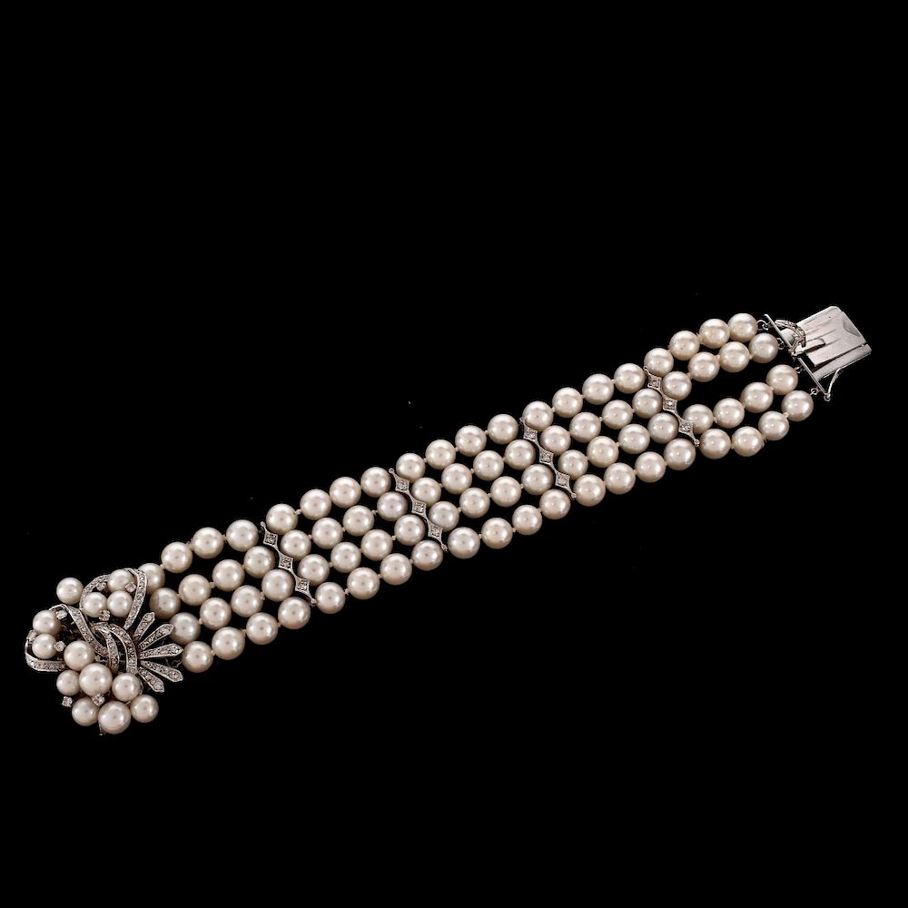 Appraisal: Vintage Pearl Diamond and K Bracelet Vintage Four Strand mm