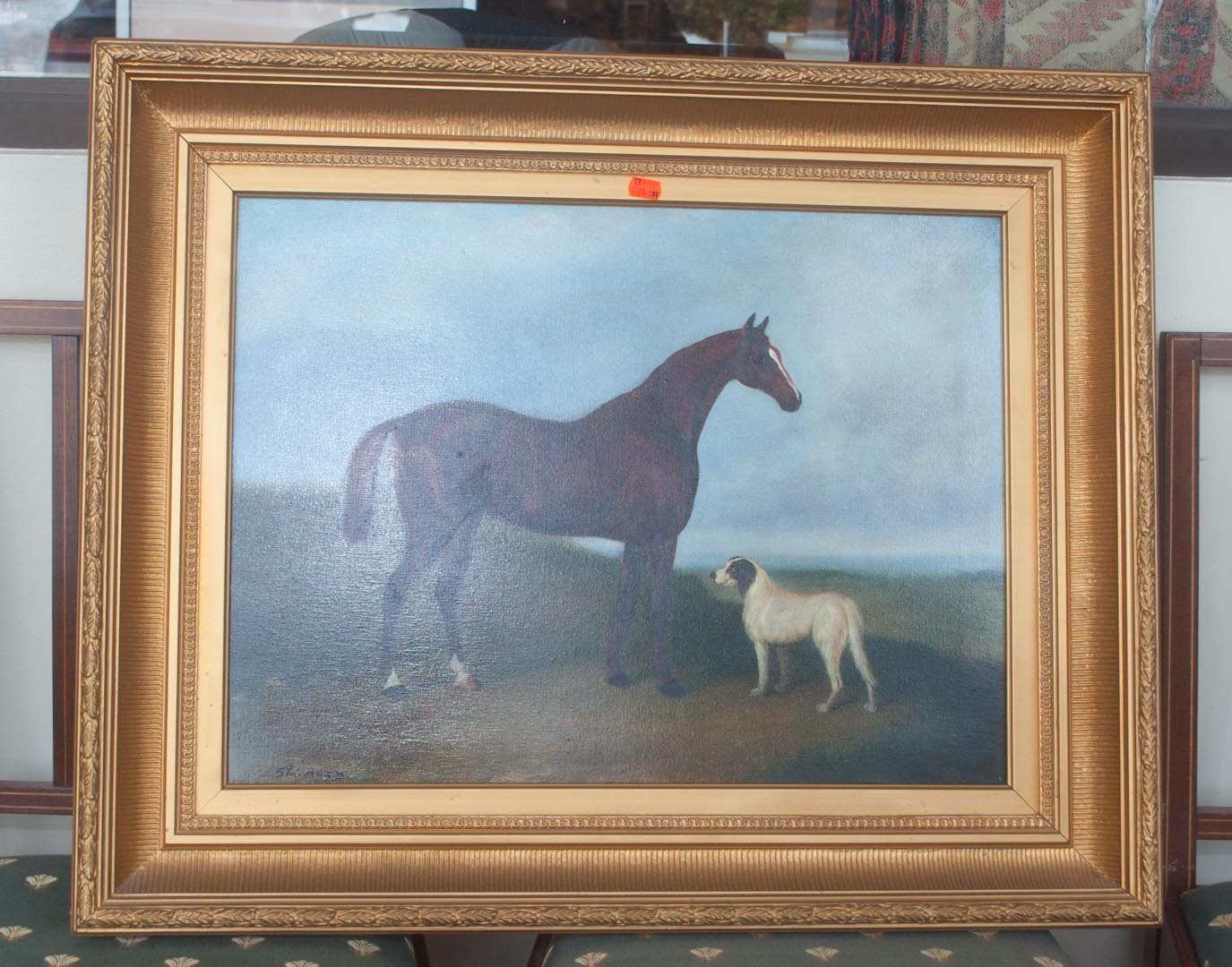 Appraisal: a Framed oil on canvas of a horse and dog