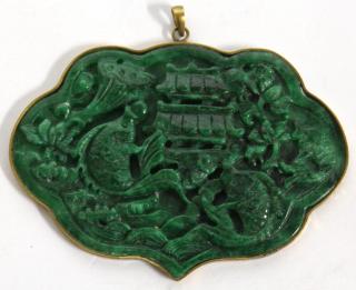 Appraisal: Large Chinese Cast Green Stone Pendant Depicting koi fish with