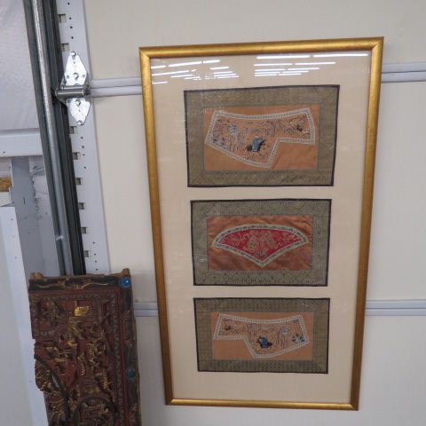 Appraisal: Chinese Silk Embroidery Panels a trio of framed Mandarin style