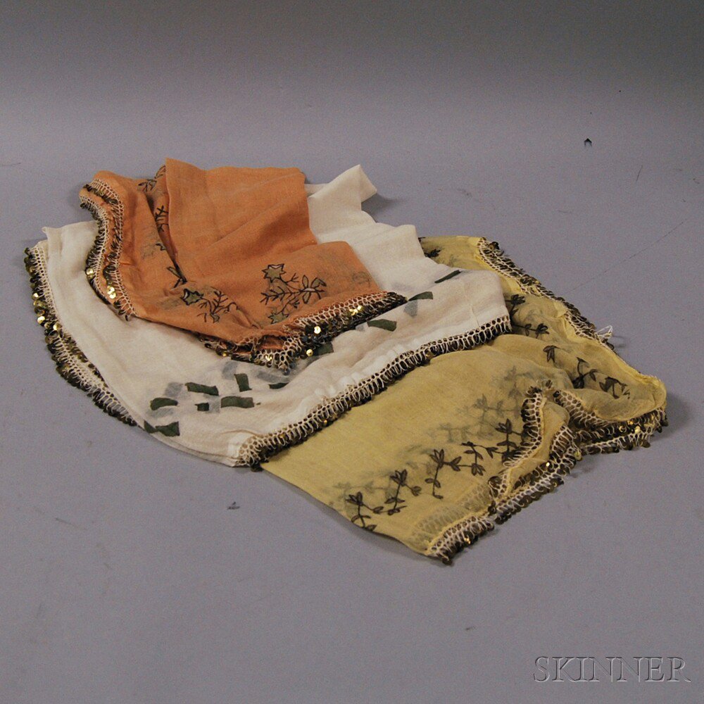 Appraisal: Three Printed Silk and Sequin-fringed Handkerchiefs Turkey th century Provenance