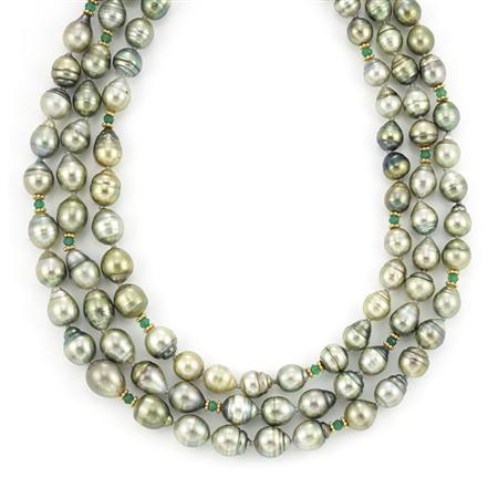 Appraisal: Triple Strand Baroque Greenish-Gray Cultured Pearl Gold and Green Onyx