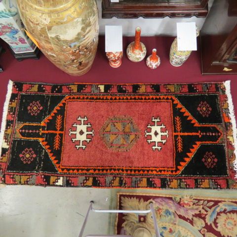 Appraisal: Oushak Persian Handmade Mat geometric designs salmon field indigio trim