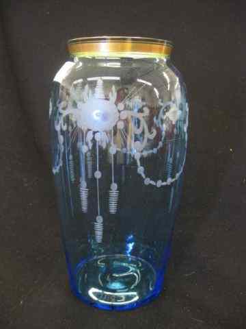 Appraisal: Hawkes Engraved Blue Art Glass Vase floral garland gold trim