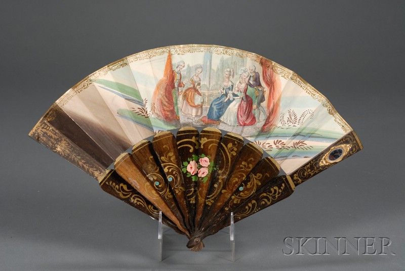 Appraisal: Painted Wood and Paper Fan th century lithographed paper leaf