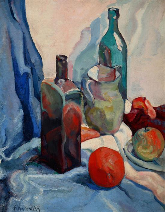 Appraisal: FRANK HOROWITZ American b Still Life with Bottles Pitcher and