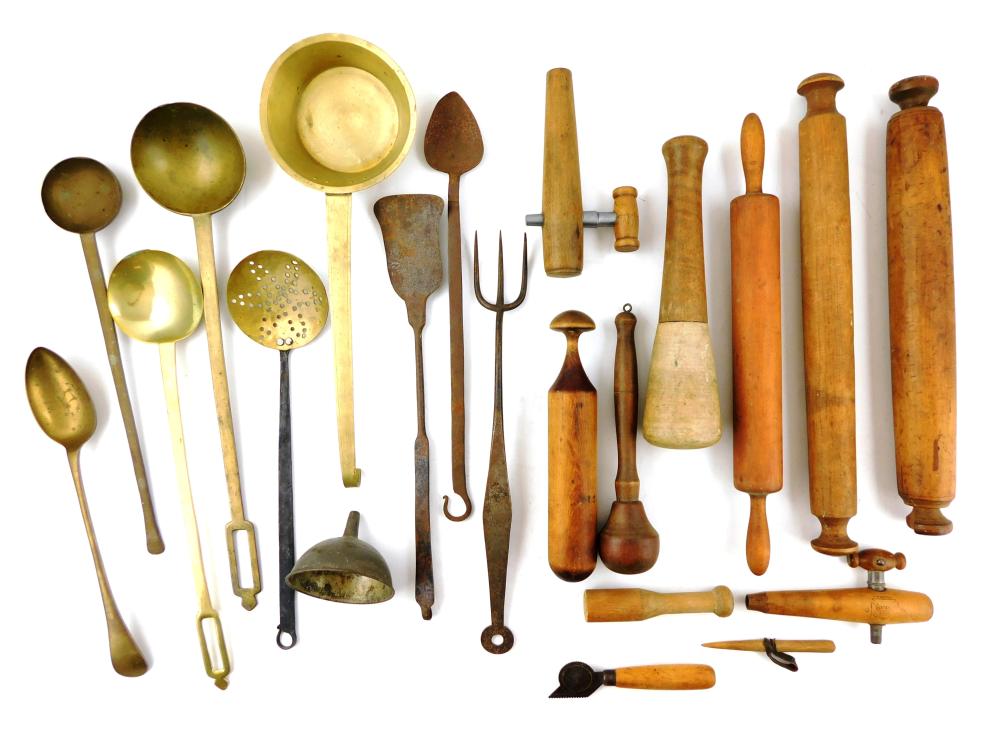 Appraisal: Early kitchen ware eighteen pieces in wood brass and iron