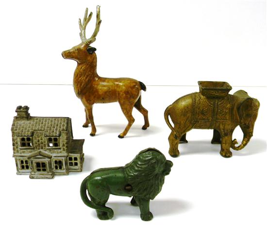 Appraisal: Four cast iron still banks a reindeer '' h a