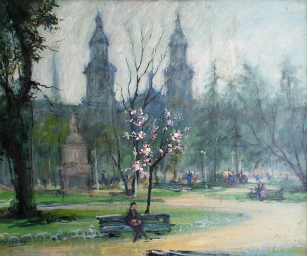 Appraisal: GOOD ILLEGIBLY PARIS PARK SCENE Oil Masonite '' x ''