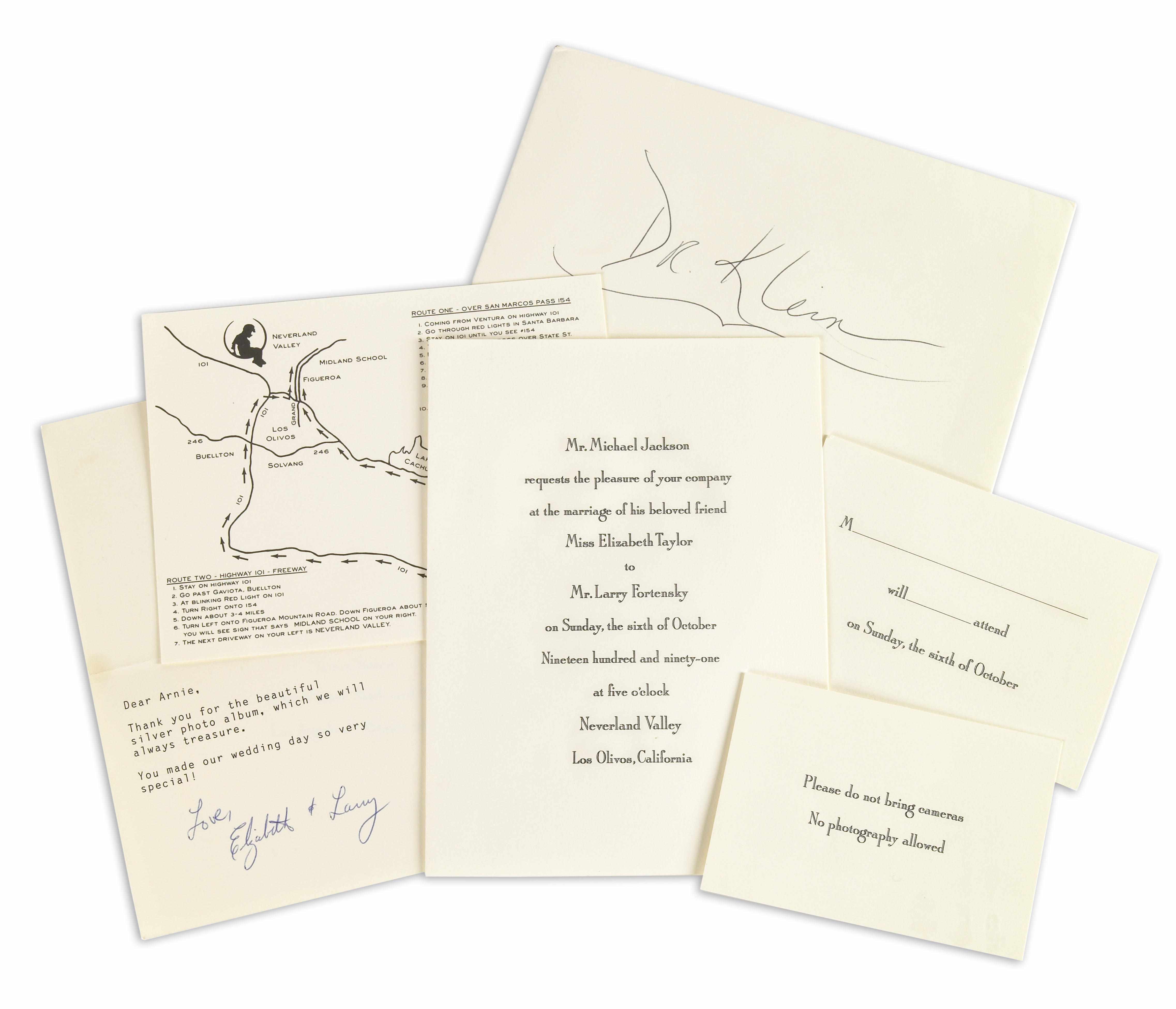 Appraisal: Elizabeth Taylor wedding invitation ephemera items total including a printed