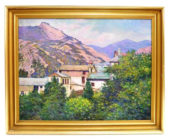 Appraisal: Post-Impressionist oil on canvas depicting rooftops of Mediterranean village mountain