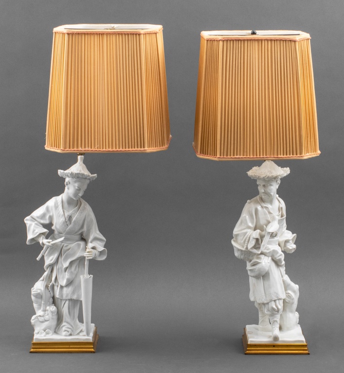 Appraisal: BLANC DE CHINE PORCELAIN FIGURES MOUNTED LAMPS PR Pair of