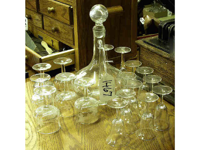 Appraisal: Etched Romanian clear glass decanter with matching glasses and others