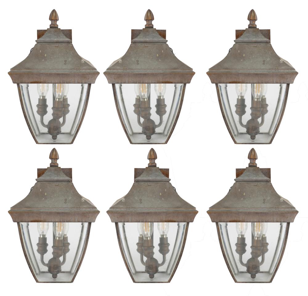 Appraisal: SET OF SIX COPPER BEVELED GLASS WALL LANTERNSeach with three