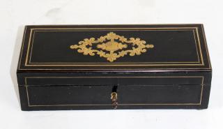 Appraisal: French Napoleon III ebonized glove box with brass inlays Late