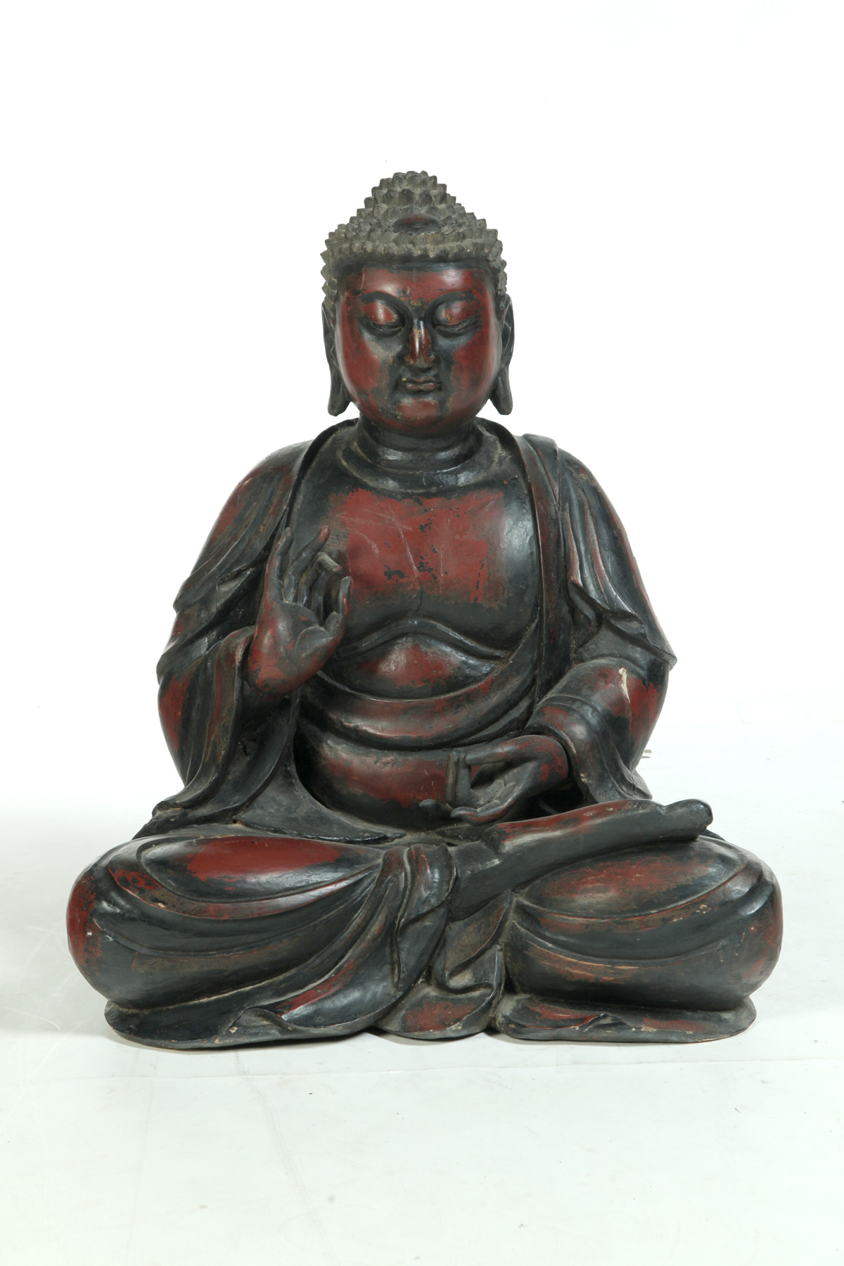 Appraisal: CHINESE BUDDHA STATUE Ca s red lacquer over wooden frame