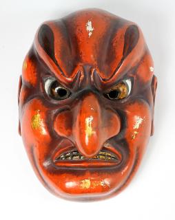 Appraisal: Japanese Lacquered Clay Buraku Mask Japanese lacquered clay mask of