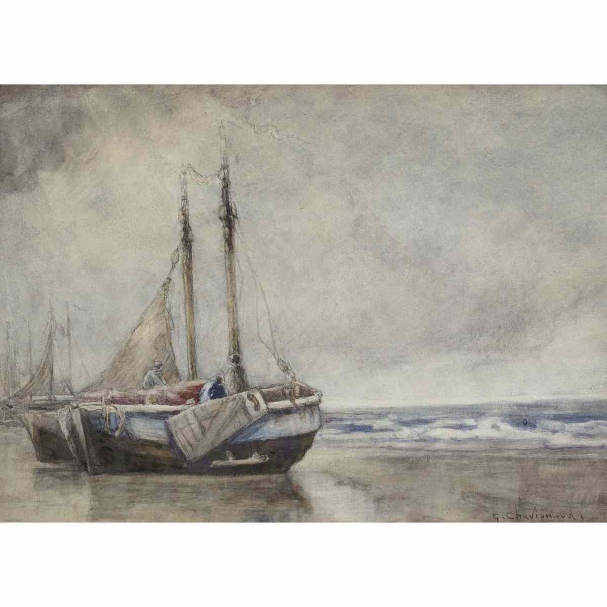 Appraisal: GEORGES CHAVIGNAUD SHORE SCENE WITH BOATS Medium watercolour signed height