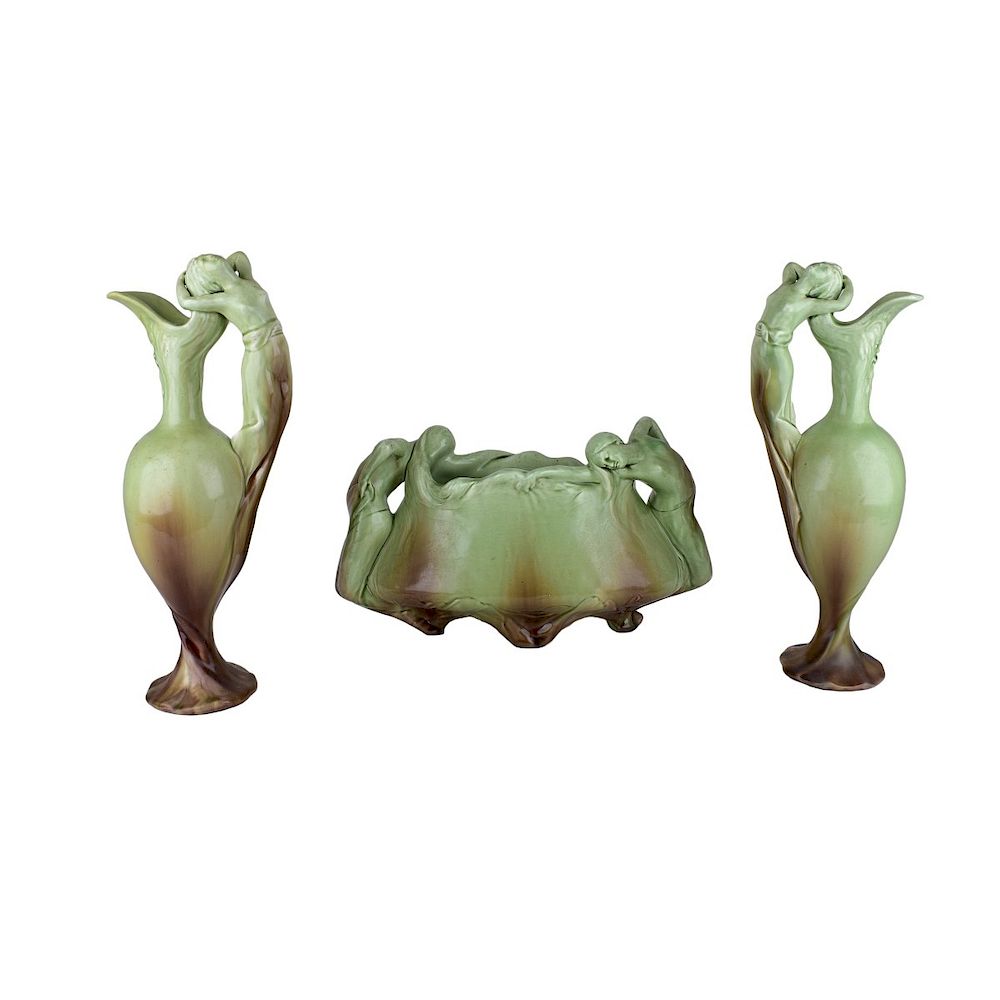 Appraisal: Three Piece Art Nouveau Amphora Figural Garniture Three Piece Art