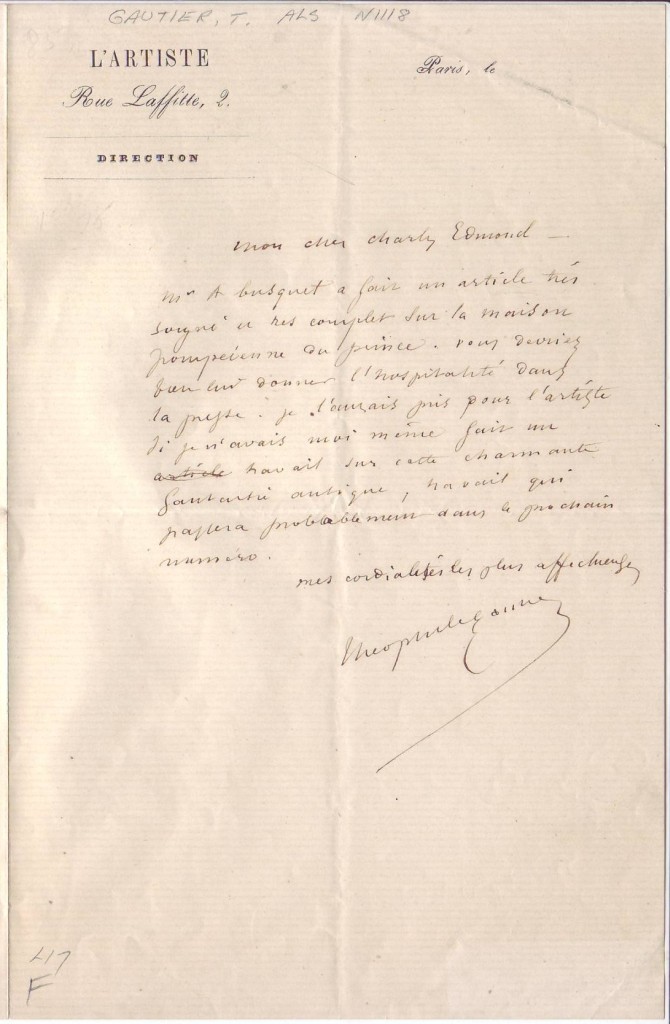 Appraisal: GAUTIER TH OPHILE Autograph Letter Signed to Charles Edmond in