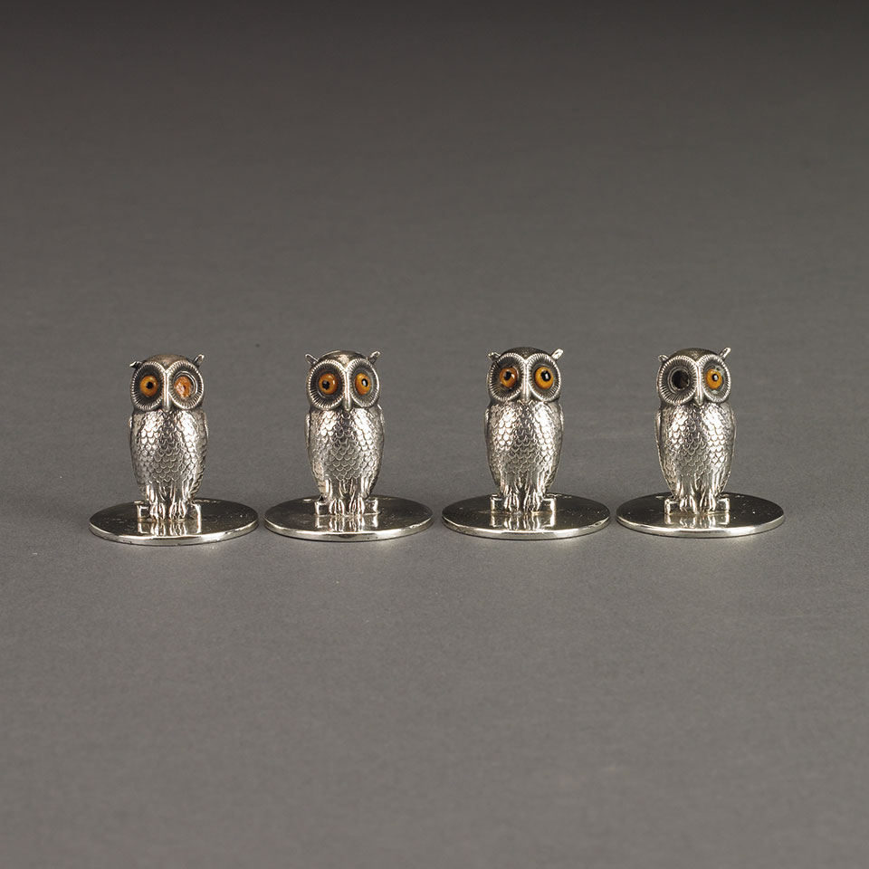 Appraisal: Four Edwardian Silver Owl Place Card Holders Sampson Mordan Co