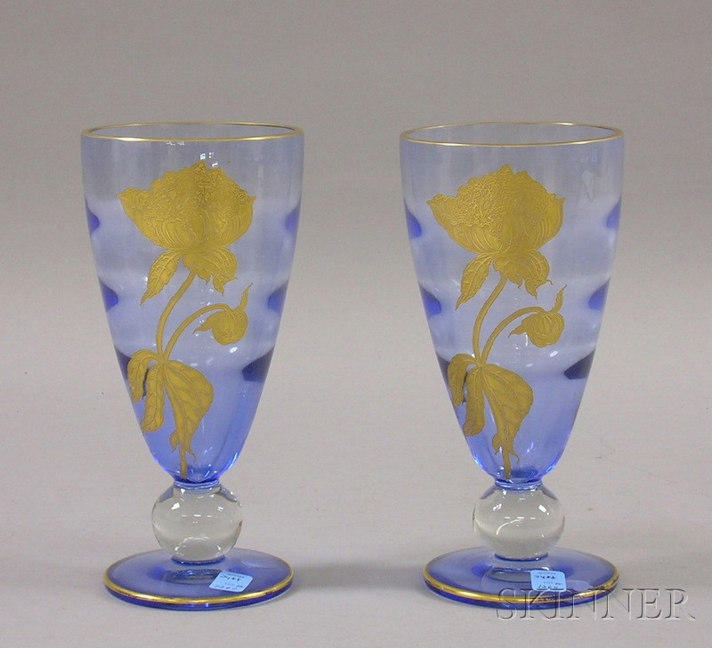 Appraisal: Pair of Gilt Floral Decorated Transparent Blue Glass Vases with