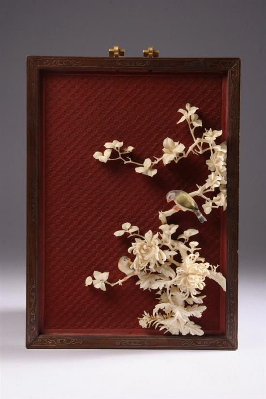 Appraisal: CHINESE IVORY AND CINNABAR PLAQUE Republic period Carved to depict