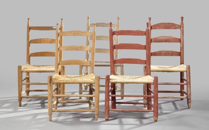 Appraisal: Assembled Suite of Five Vernacular American Ladder-Back Chairs mid- th