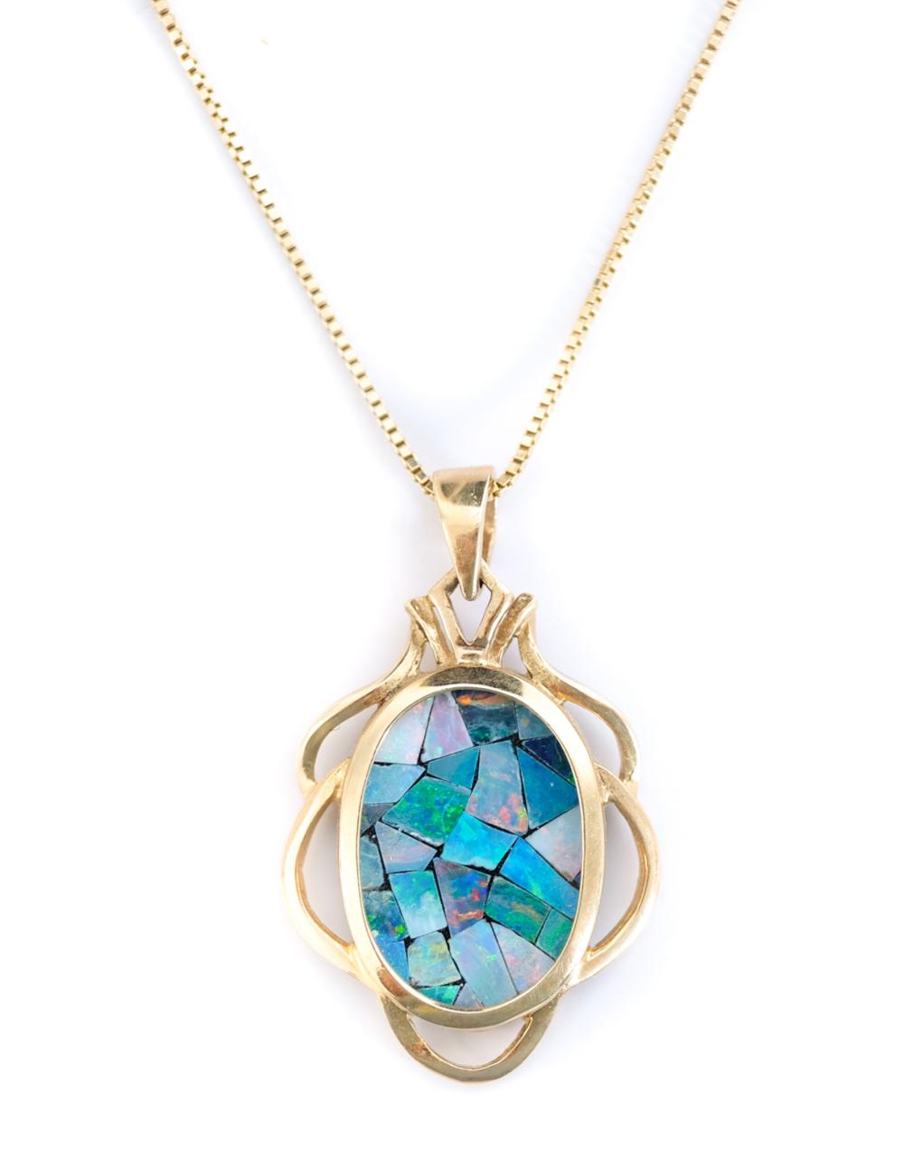 Appraisal: K YELLOW GOLD MOSAIC OPAL PENDANT NECKLACE k yellow gold